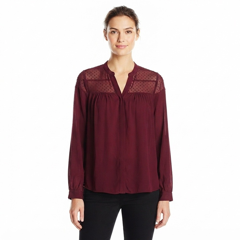 Decree Womens Blouse Large Burgundy Swiss Dot Mesh Yoke Long Sleeve Top Maroon